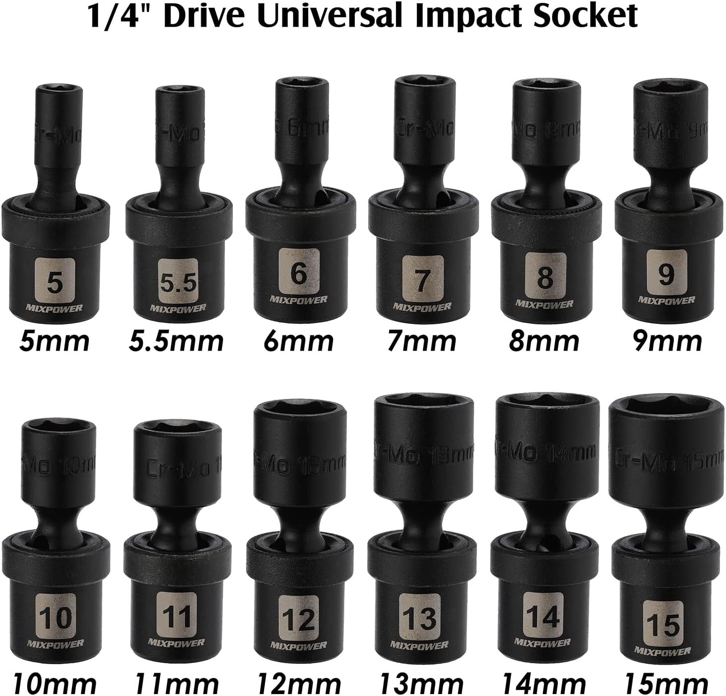 CR-MO Chrome Molybdenum 12-PC 1/4" Drive Impact Socket Set with Wobble Feature