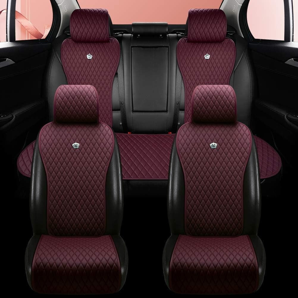 Luxury Leather 11PCS Car Seat Covers - Universal Fit Wine Red Crown Style