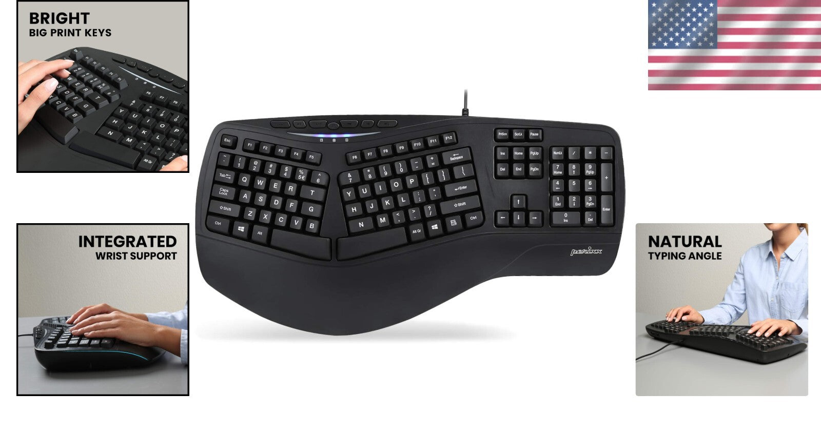 Natural Split Ergonomic Keyboard with White LED - Wired USB & Multimedia Keys