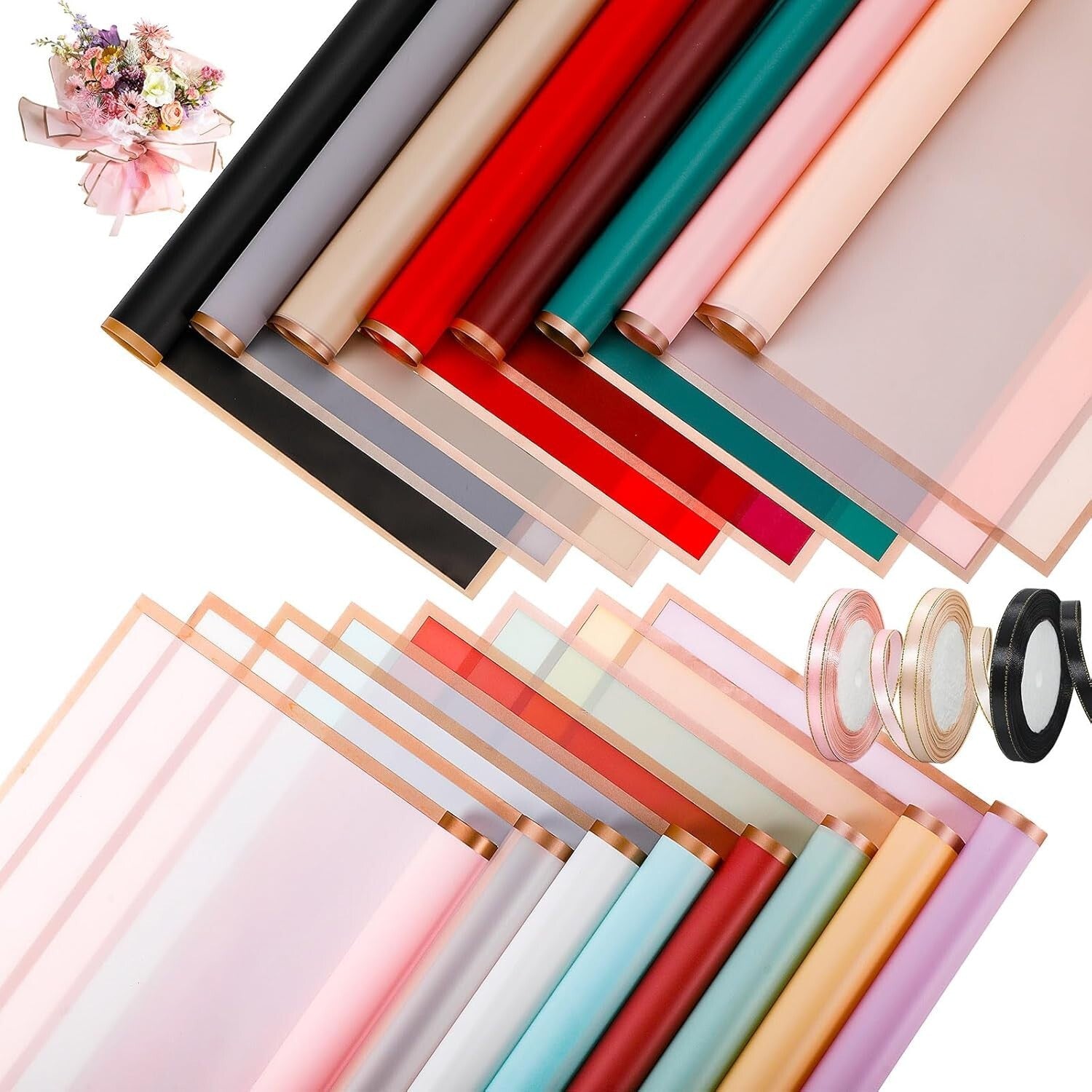 Elegant Flower Bouquet Wrapping Paper with Ribbons - 22.8x22.8 inches, 16 Colors