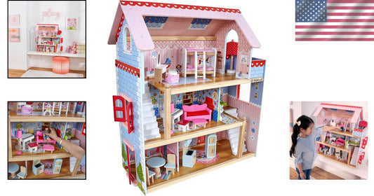 Charming 3-Story Wooden Doll Cottage with Two Staircases & 19 Furniture Pieces