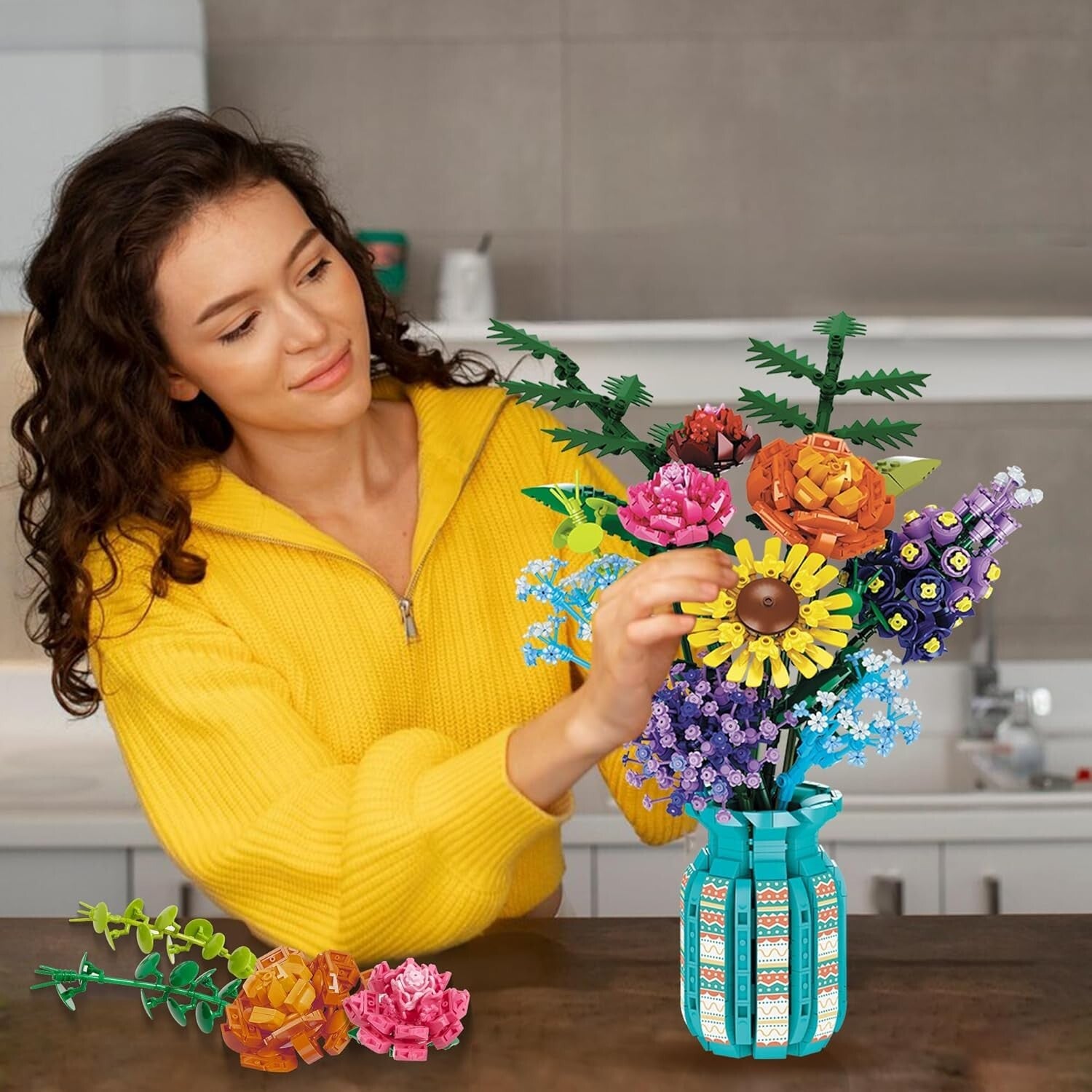 Customizable Flower Bouquet Building Blocks Set - 8 Unique Designs for Any Space