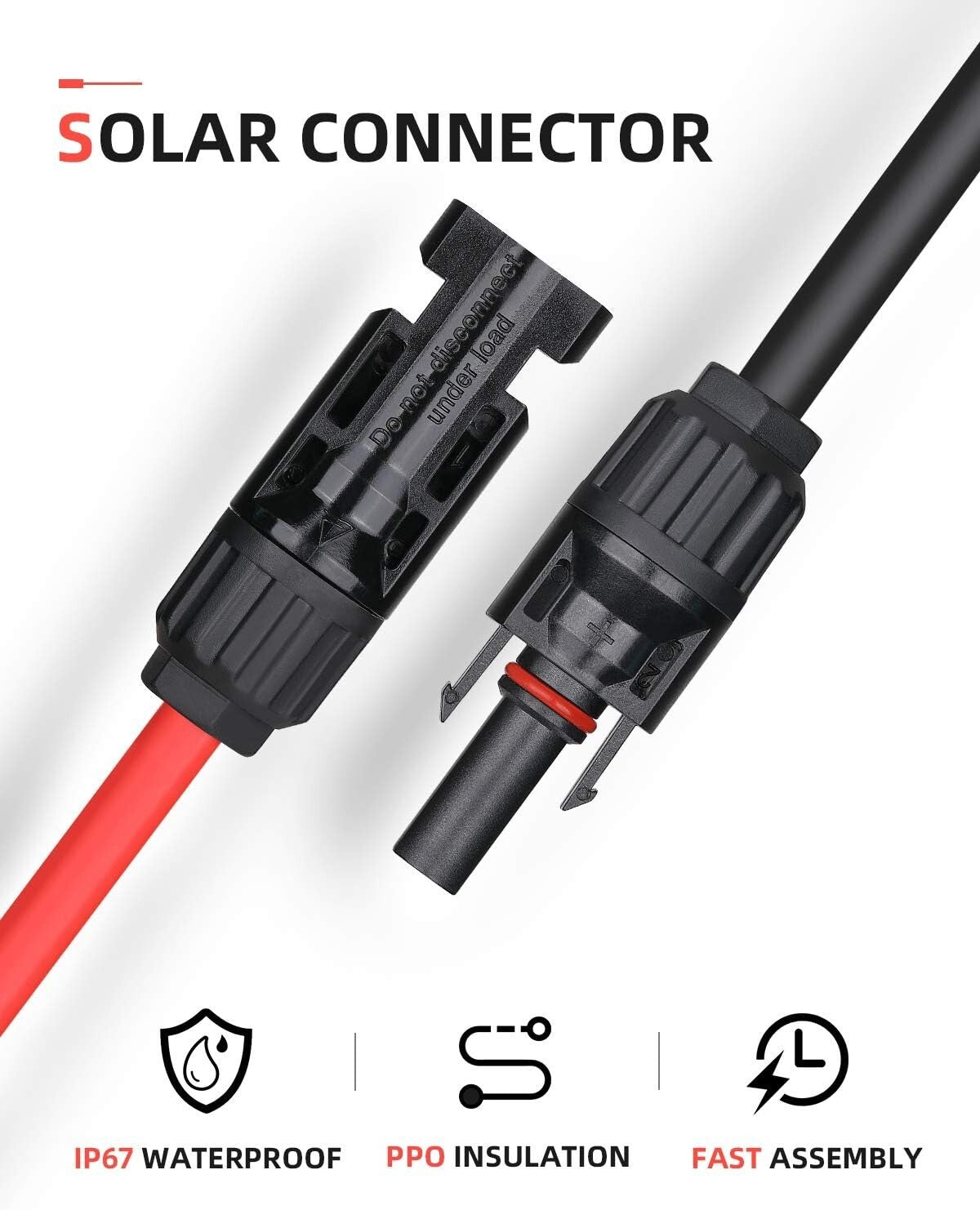 70FT 10AWG Weatherproof Solar Extension Cable with Male & Female Connectors