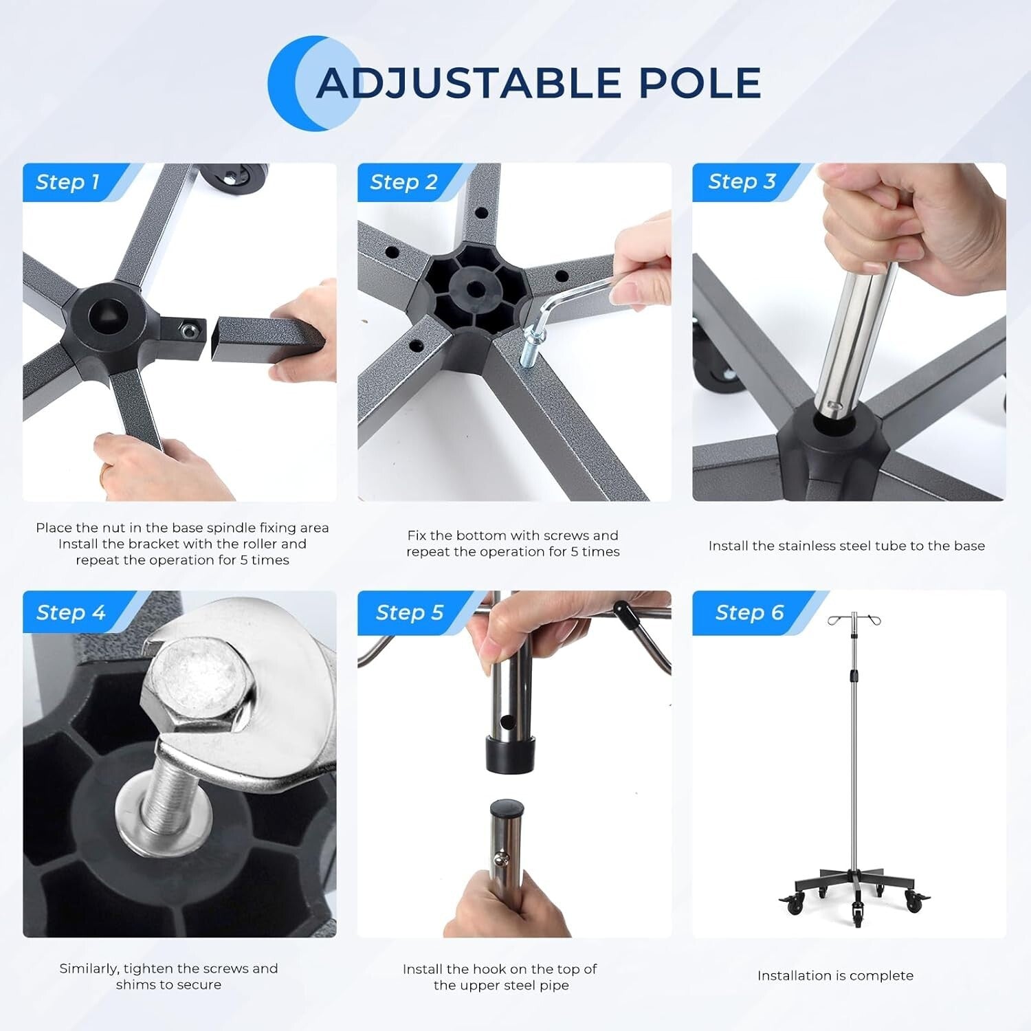 Portable Stainless Steel IV Pole - 2 Hooks, Adjustable Height & Wheels