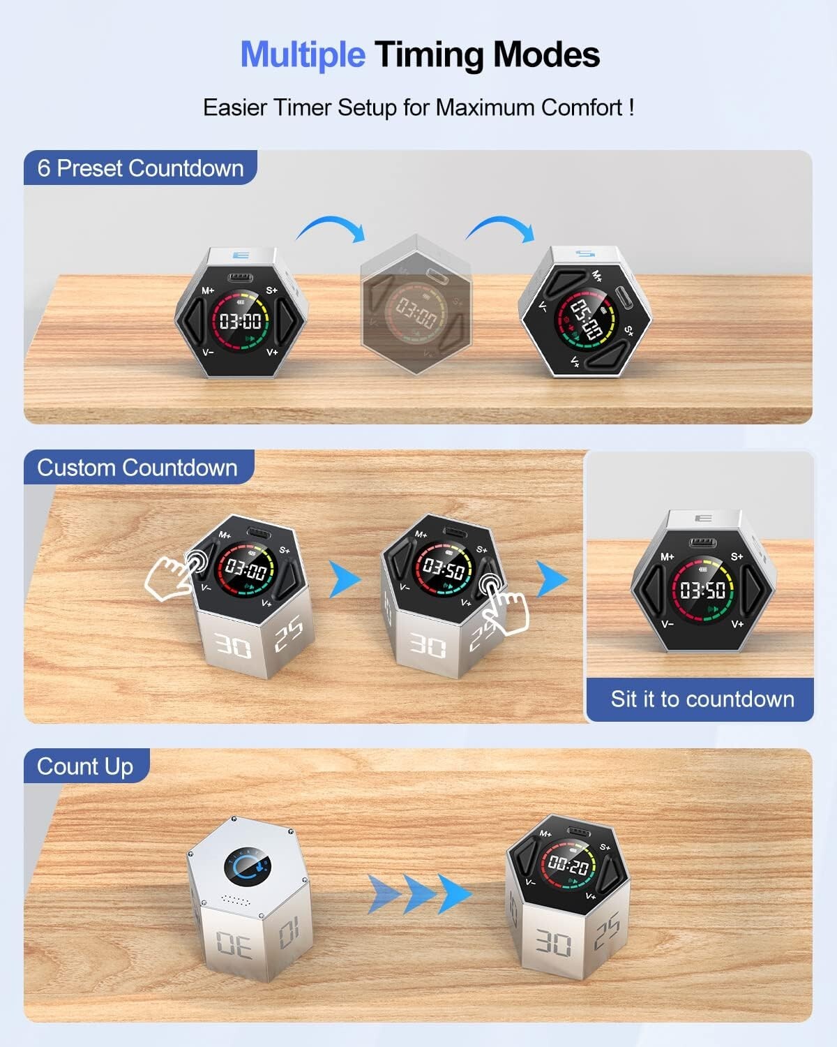 Versatile Hexagon Productivity Timer - 6 Preset Times & Custom Options - Gray