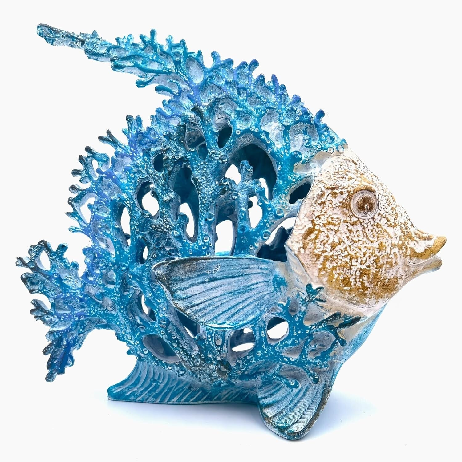 Coastal Coral Reef Angel Sculpture in Turquoise & Blue - Art Deco Tabletop Decor