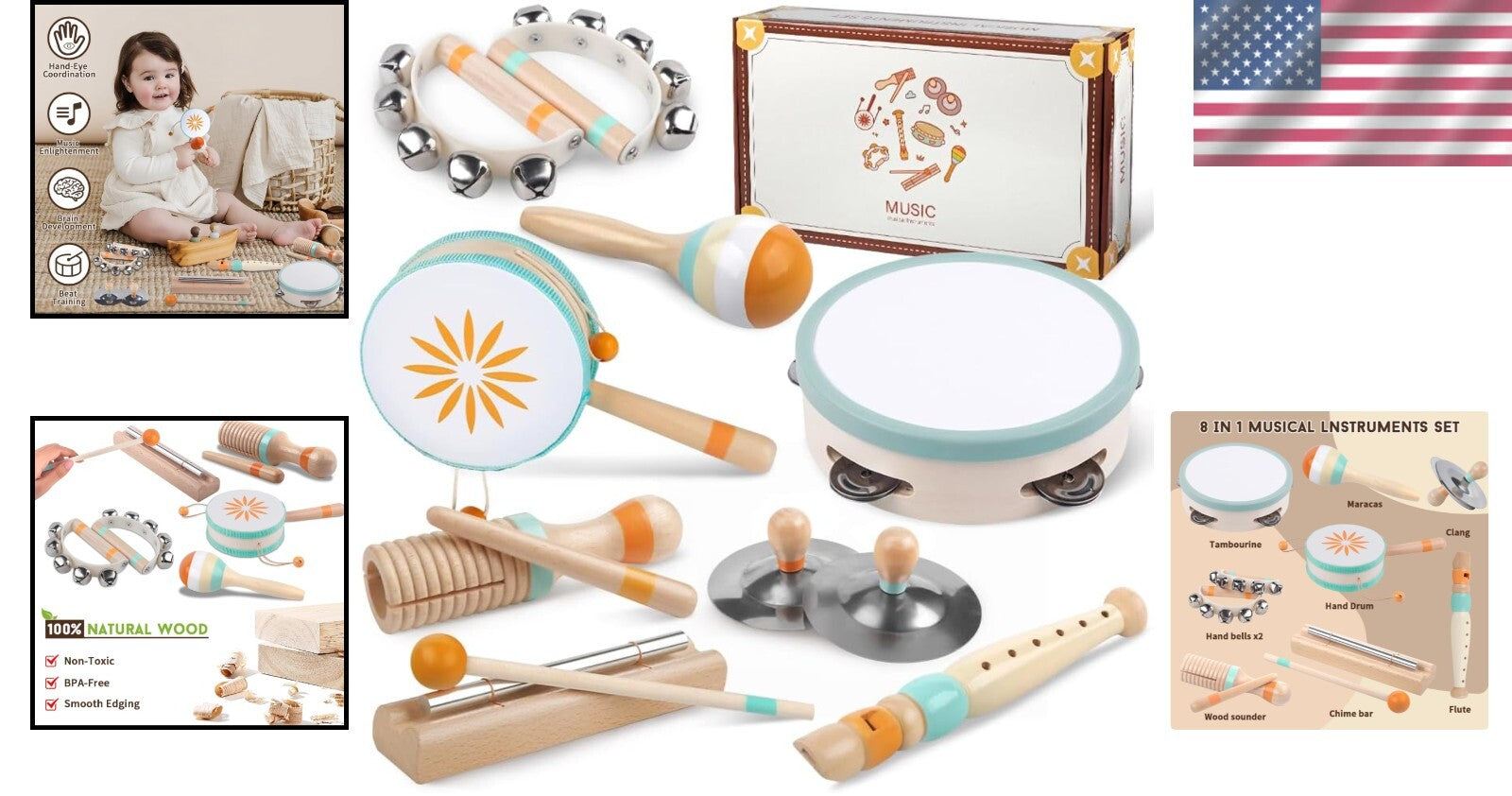 Delightful 8 in 1 Wooden Musical Instruments for 1-3 Year Olds - Gift Ready