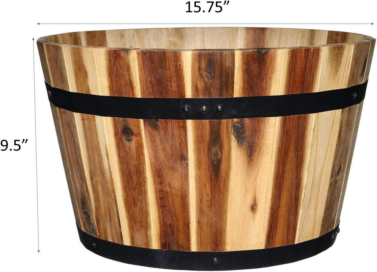 Durable 15.75" Acacia Wood Planter with Rustic Metal Band - Perfect for Gardens