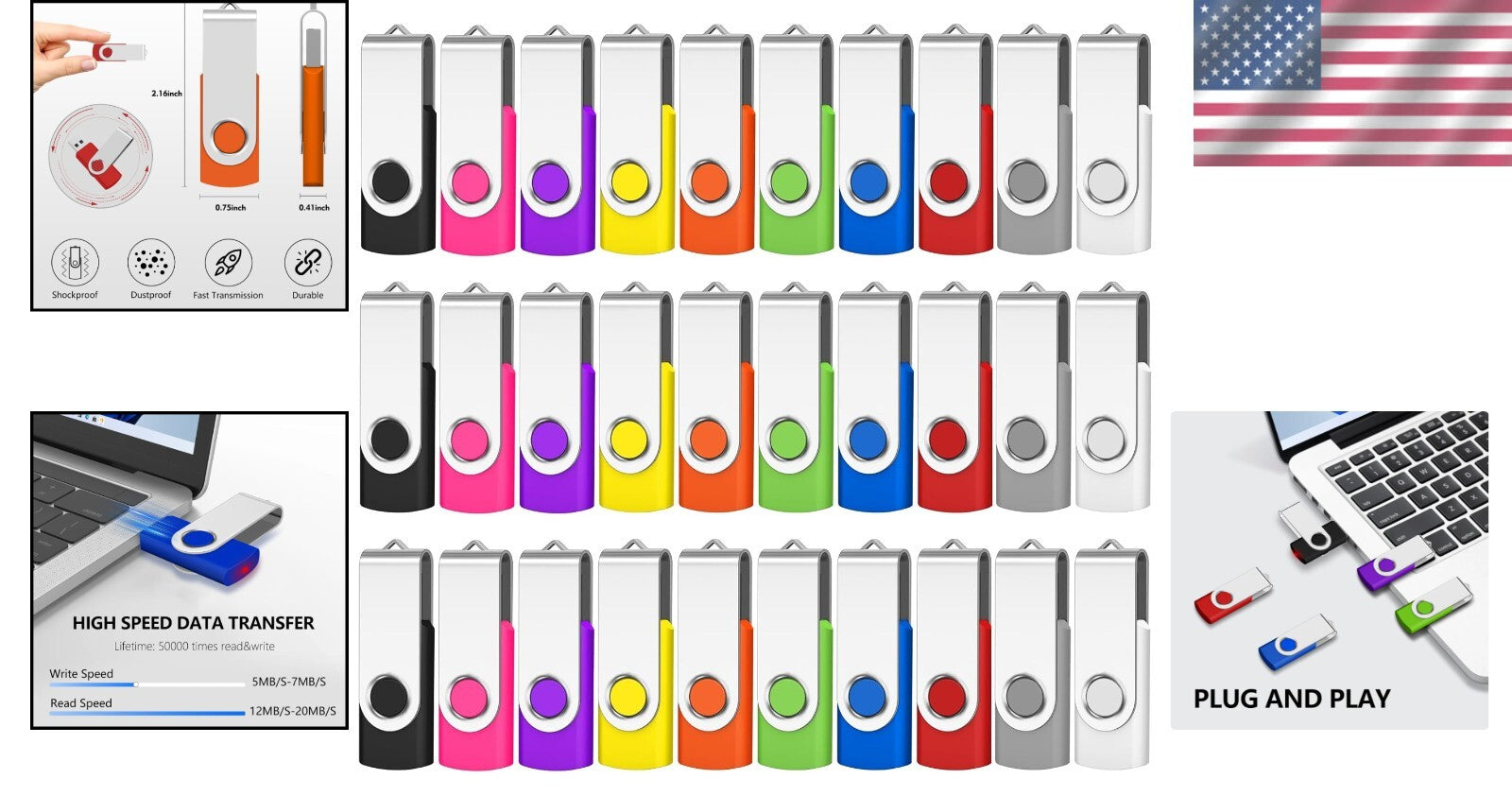 128MB USB 2.0 Flash Drive - 50 Pack Durable Swivel Design with Lanyards Included