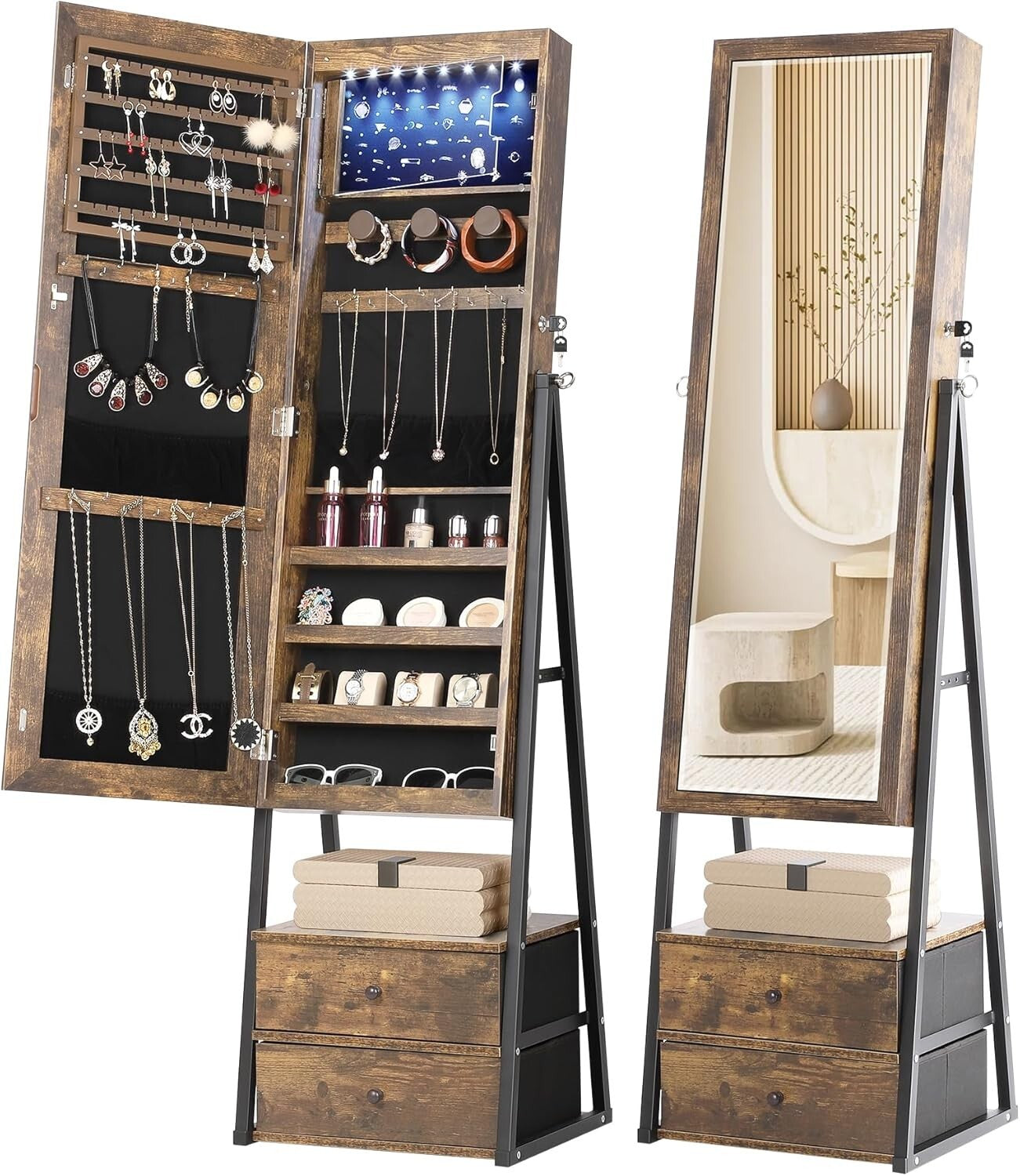 Full-Length Mirror Jewelry Cabinet with Velvet Compartments & 2 Drawers