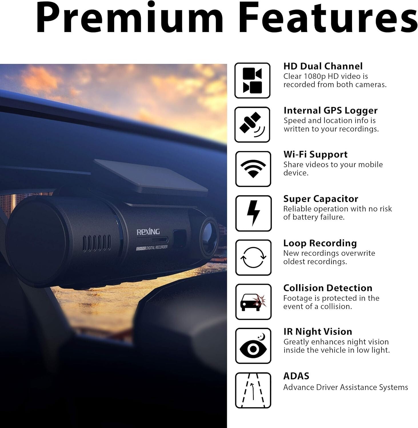 Full HD Dual Camera Car Dash Cam with Infrared Night Vision & Supercapacitor