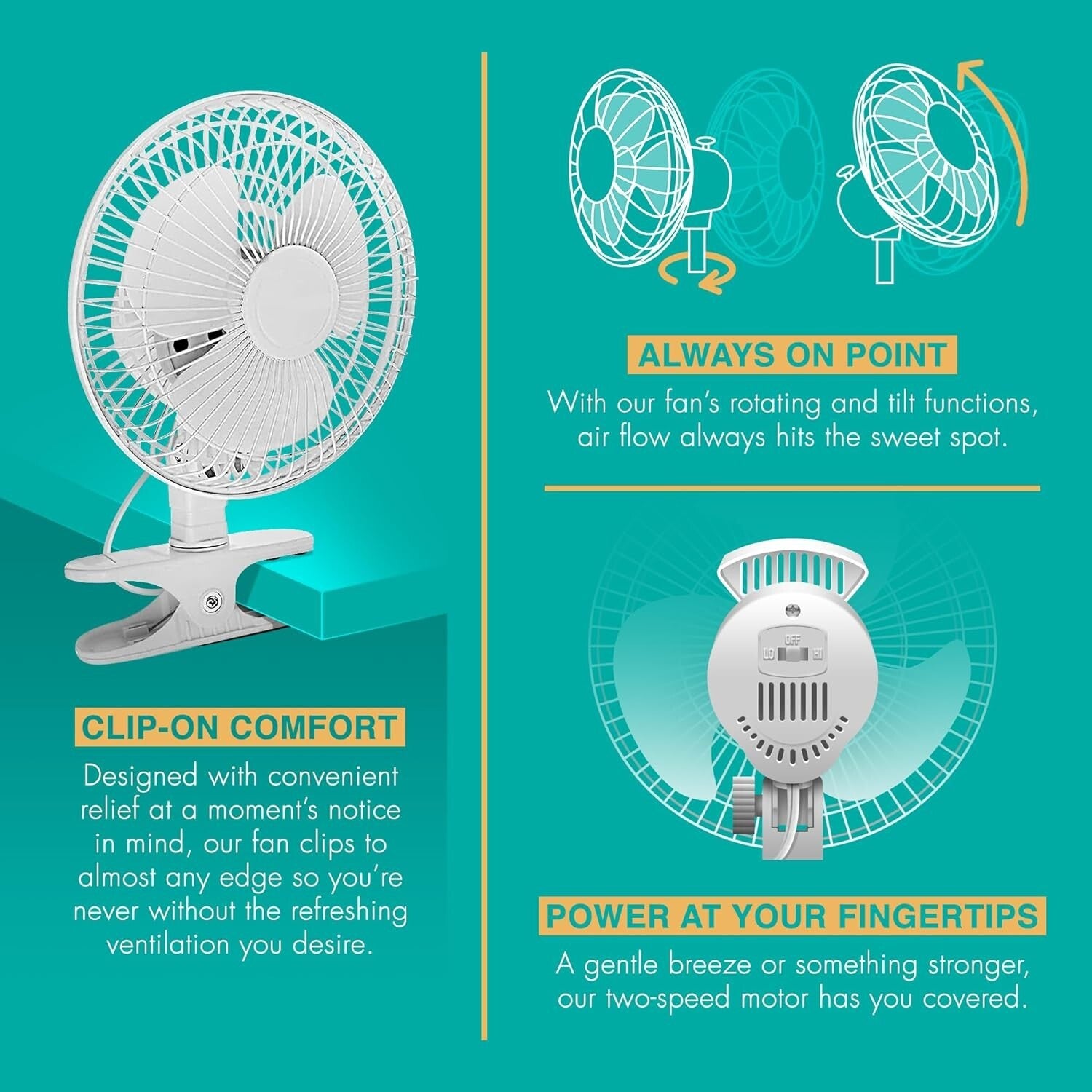 6-Inch Whisper Quiet 2-Speed Clip-On Fan with Safety Grill for Home & Office