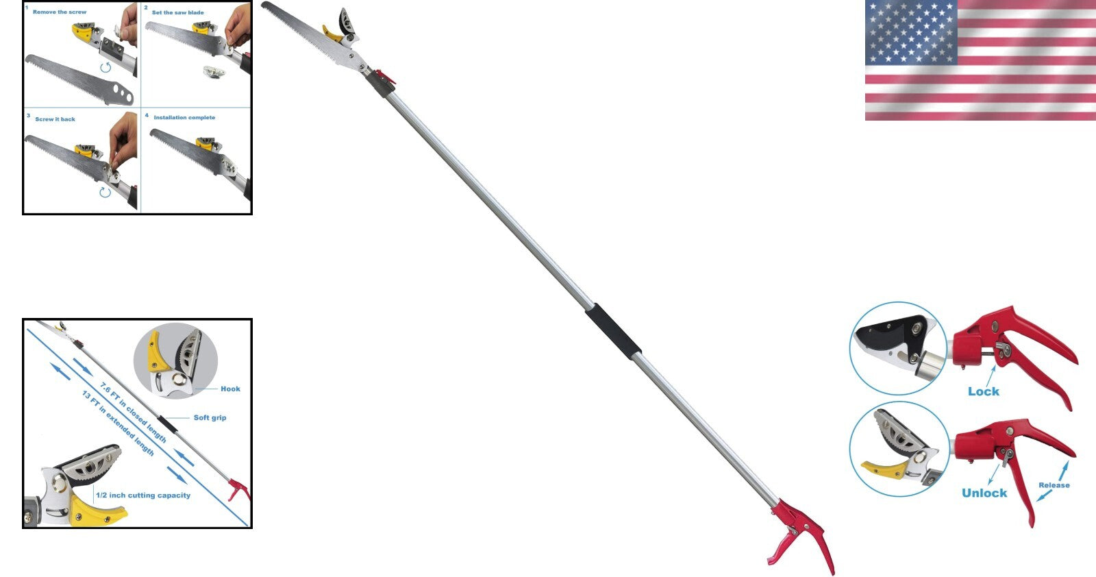 7.6-13 Foot Extendable Tree Pruner & Loppers with Anti-Rust Carbon Steel Blades