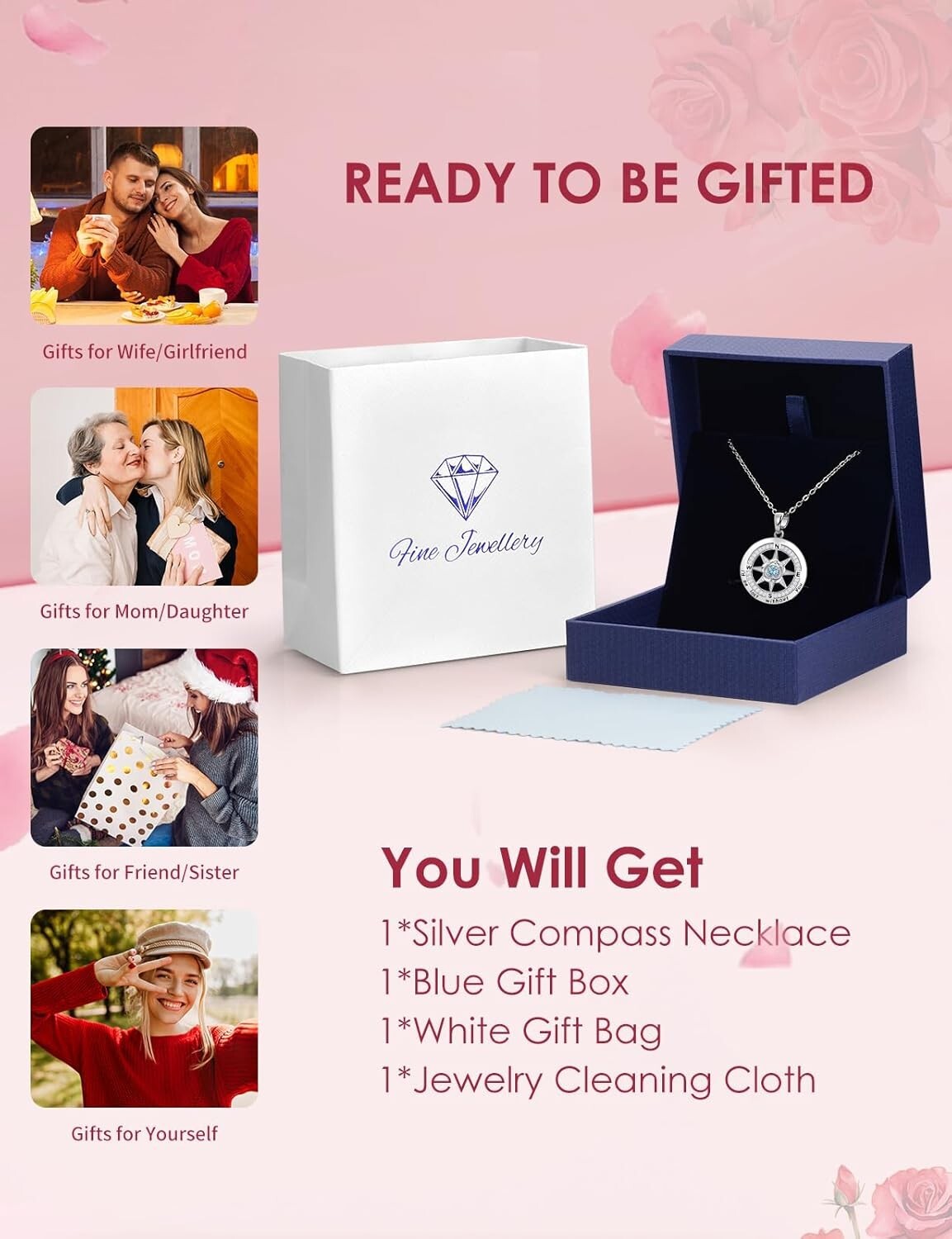 Engraved Rose Flower Compass Necklace for Women - Sterling Silver Gemstone Gift