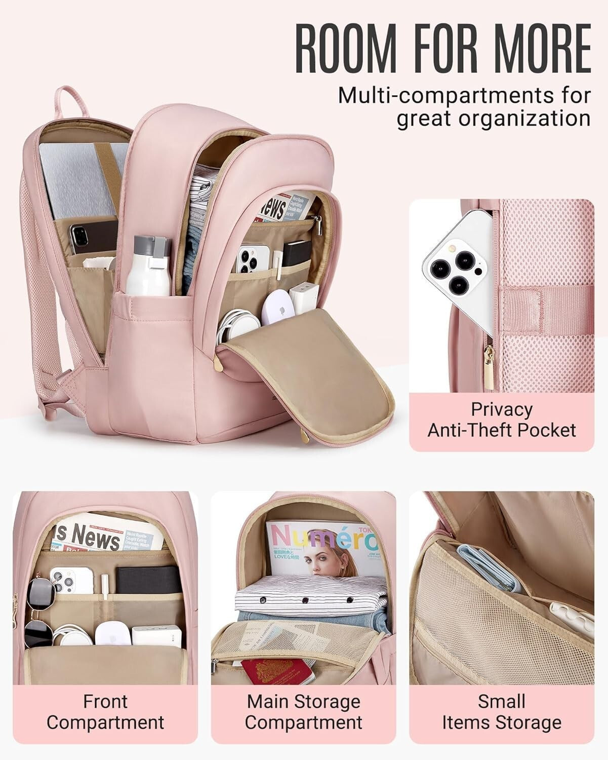 17.3 Inch Laptop Backpack for Women with USB Charging, Water Resistant - Beige