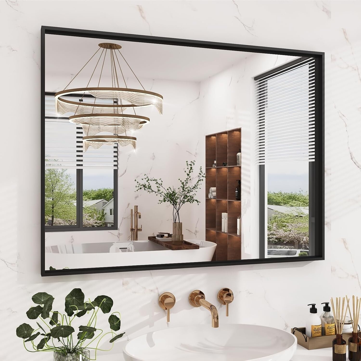 Elegant 40x30 Matte Black Wall Mirror - Anti-Rust, Tempered Glass, Easy Install
