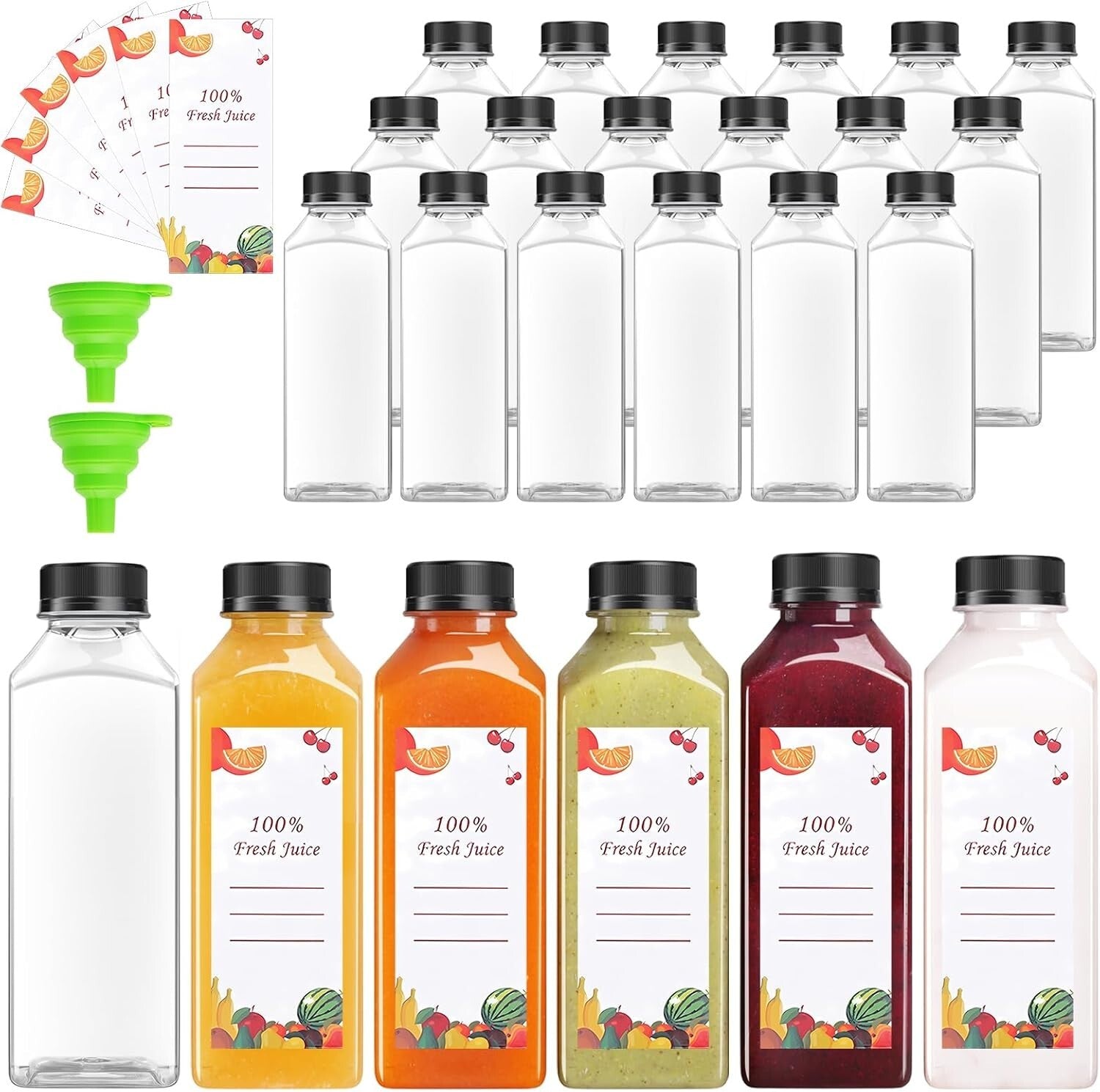 16oz Wide Mouth Juice Bottles - 80 Reusable Clear Plastic Containers for Parties