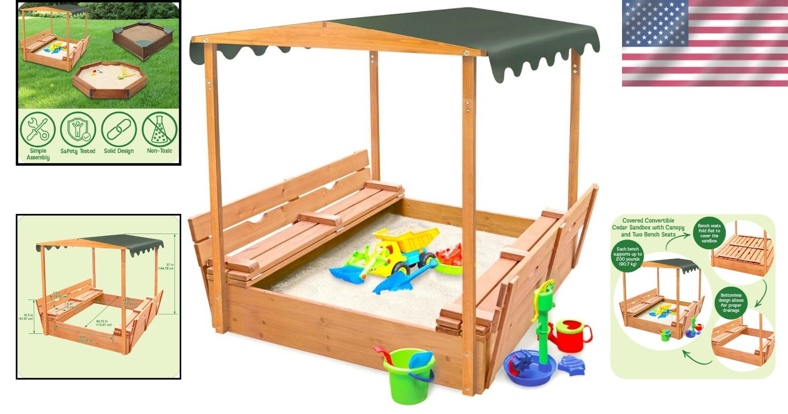 Fun Convertible Cedar Sandbox with Easy-Setup Canopy and Bench Seating - 46.5"