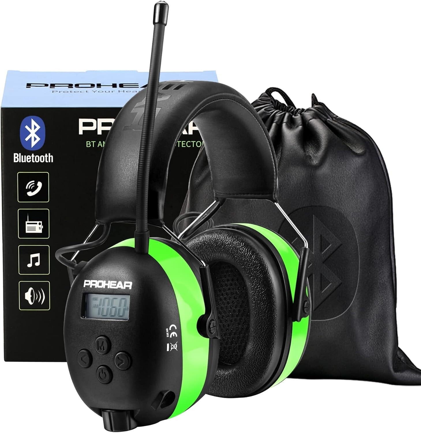 Premium 5.3 Bluetooth Earmuffs with AM/FM Radio & Rechargeable Battery - Green