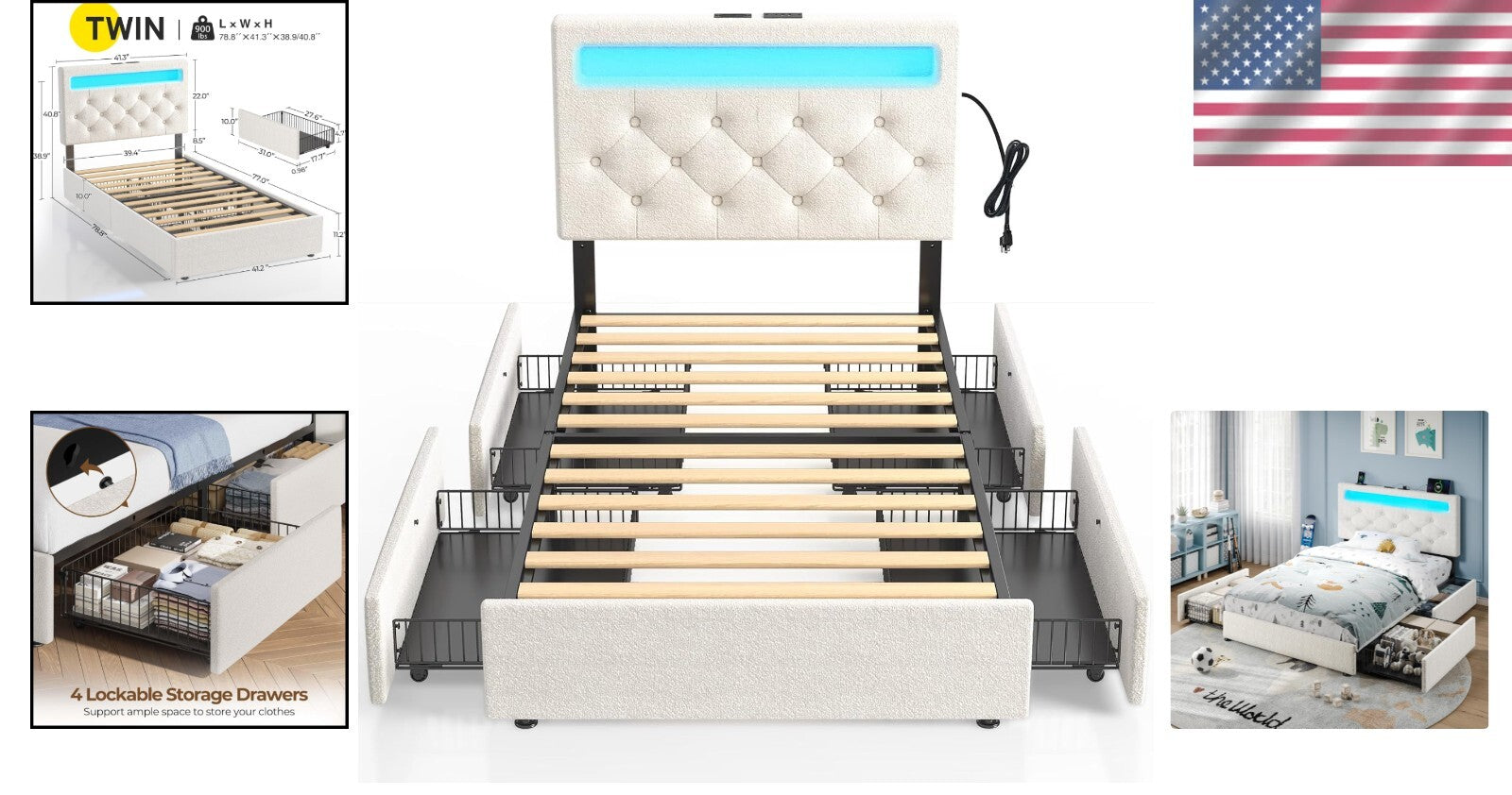 Adjustable Twin Bed Frame with RGB LED Lights & 4 Storage Drawers in White