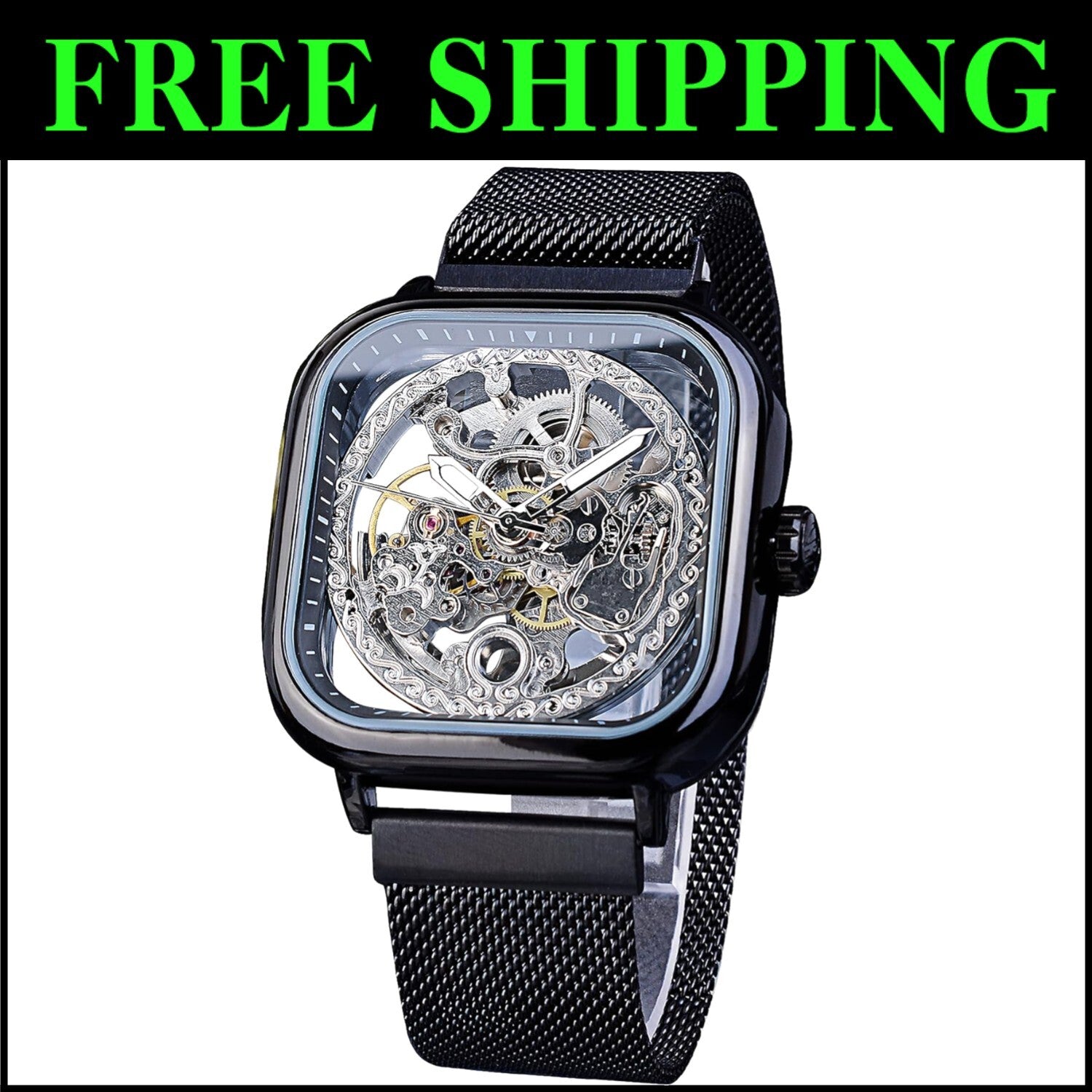 Elegant Men's Skeleton Wristwatch with Flower Movement Carving & Stainless Steel
