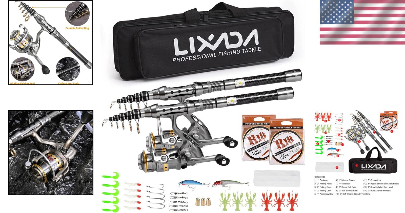 Complete 1.5m-2.4m Telescopic Fishing Rod Set with Carbon Fiber Spinning Reels