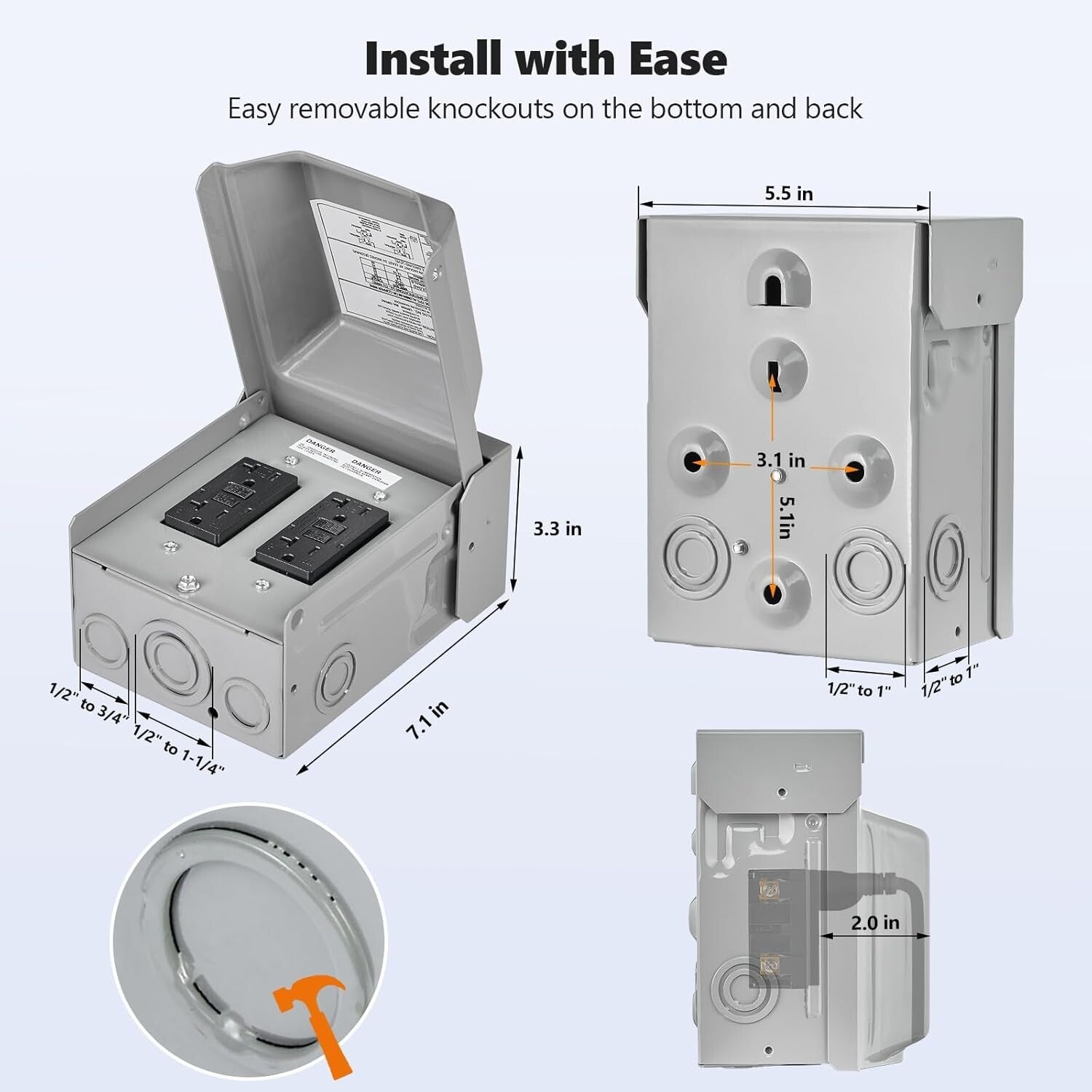 Dual 20 AMP GFCI Outdoor Outlet Box - Rainproof Steel Enclosure for Durability