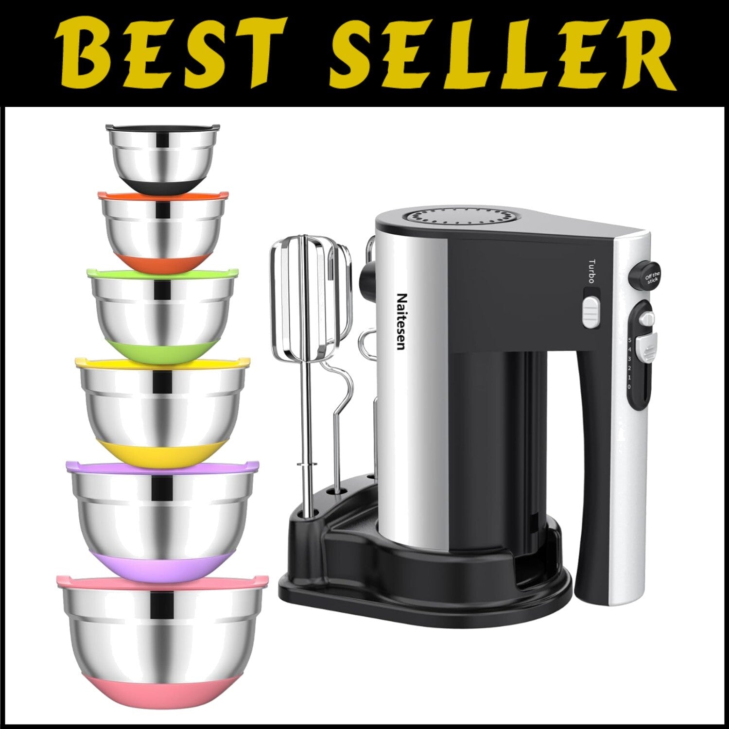 600W Electric Hand Mixer & 6 Stainless Steel Nesting Bowls with Colorful Lids