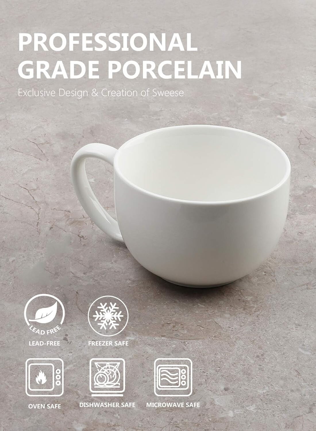 Comfort Grip 22oz Porcelain Mugs Set of 4 - Ideal for Soup, Hot Chocolate & More