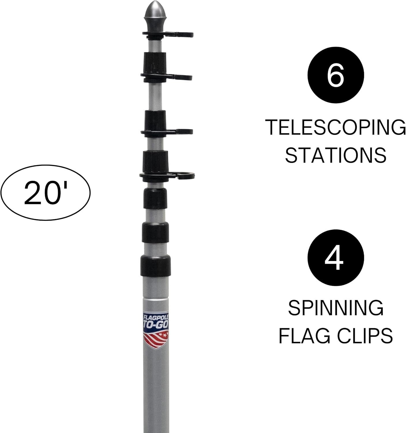 Durable 20 Ft Telescoping Flagpole with Clips - Perfect for Tailgates & Parades