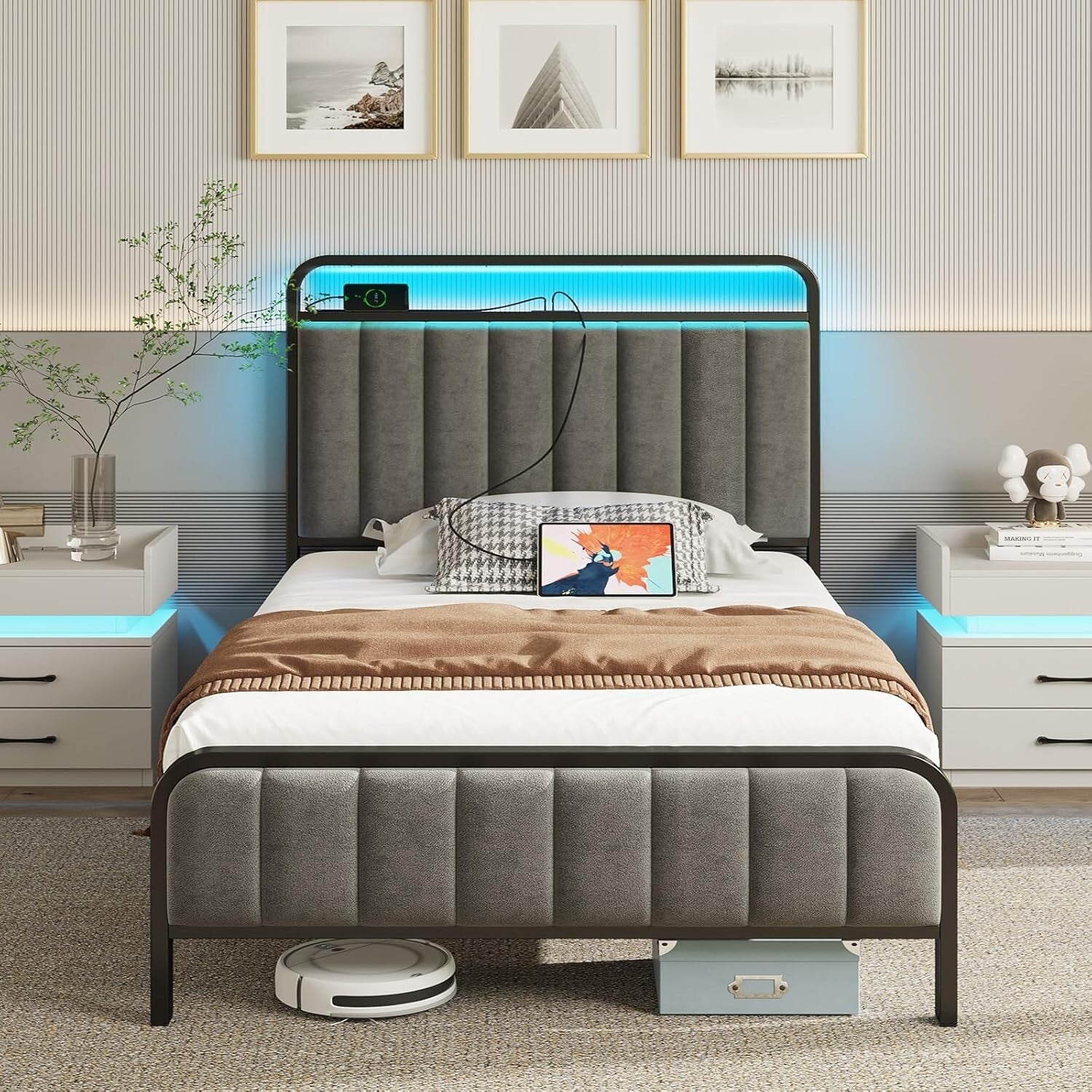 Durable Twin Metal Bed Frame with RGB Lights & Noise-Free Assembly - Dark Gray