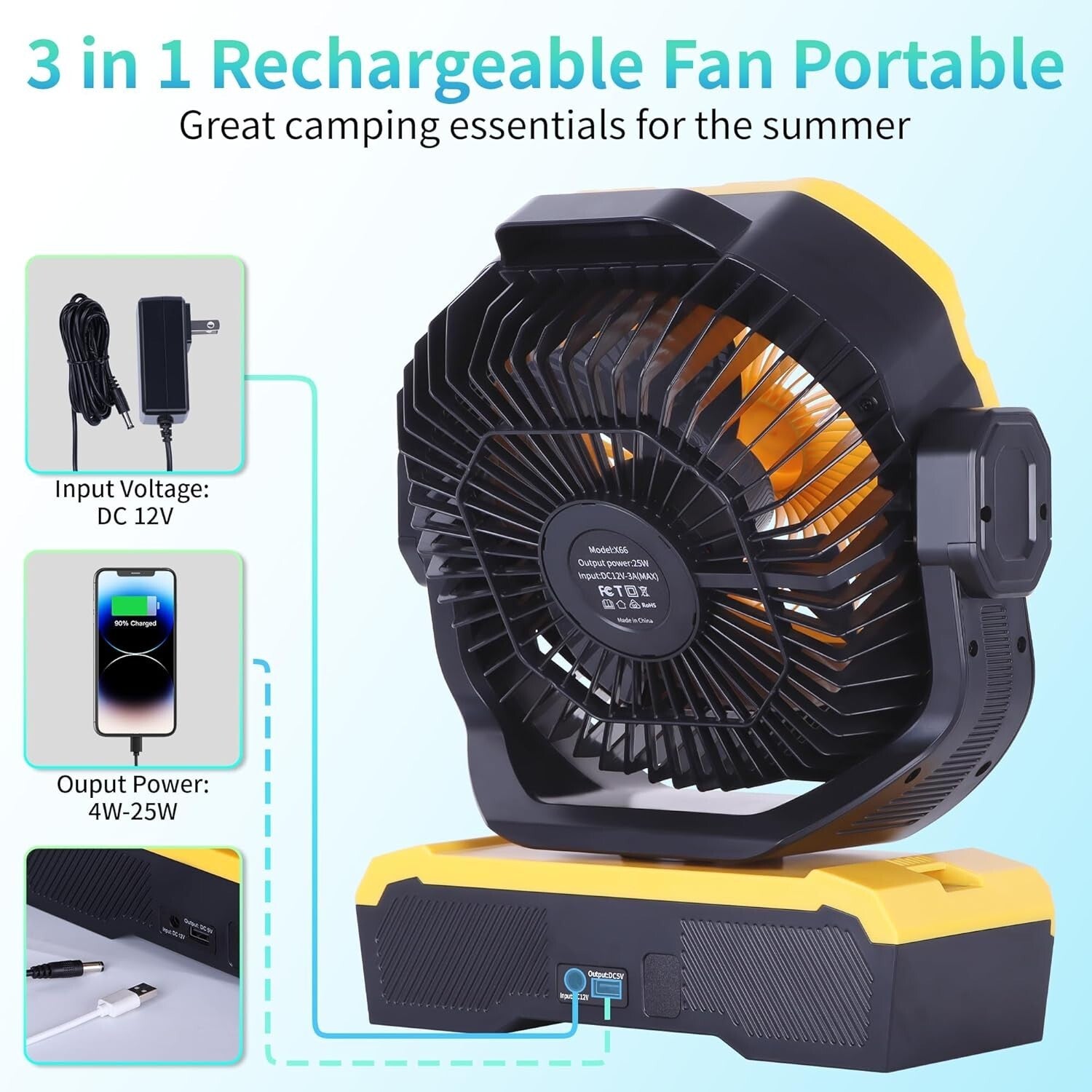 Large Oscillating Fan with Remote Control & Super Bright LED - Ideal for Camping