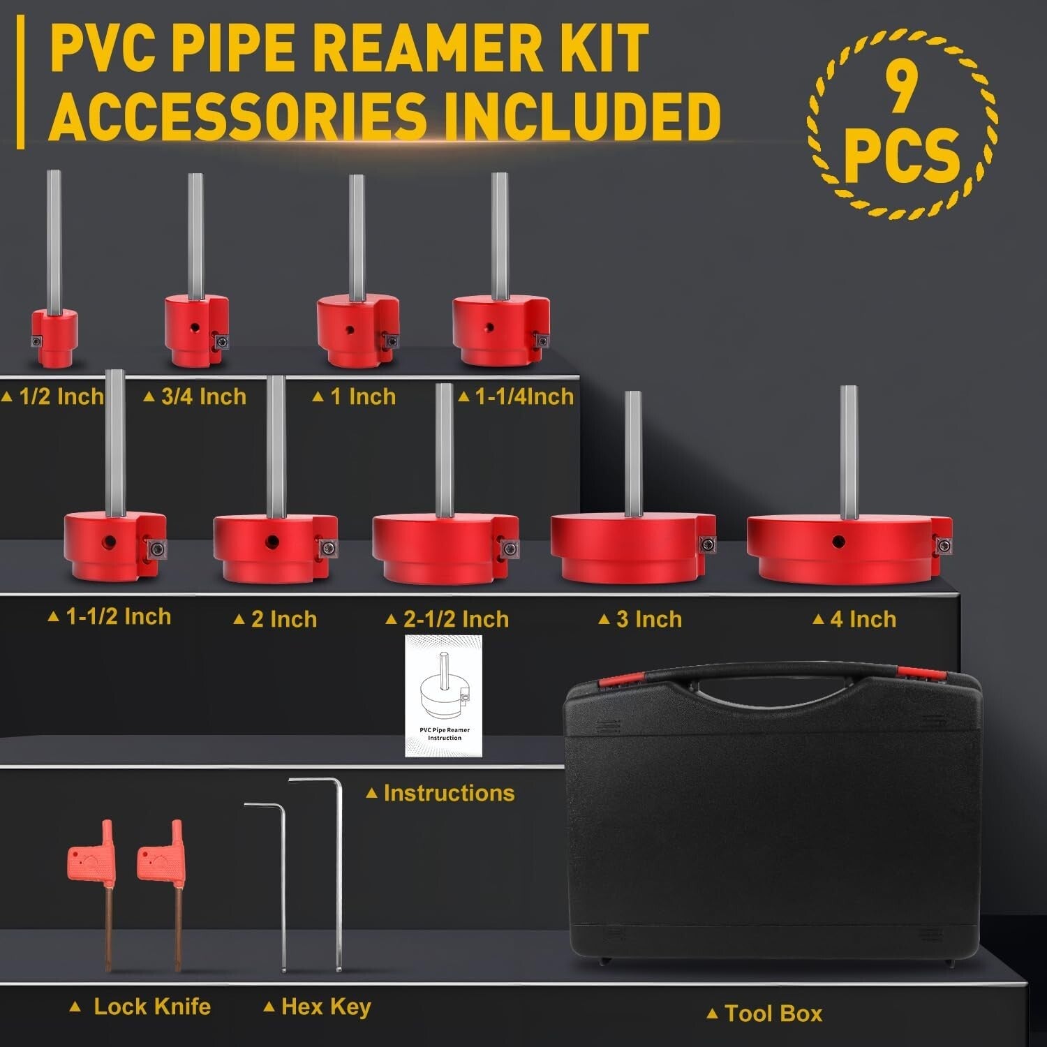 Durable aluminum 9-Piece Pipe Reamer Set: 1/2 to 4 Inch Sizes, Easy Transport