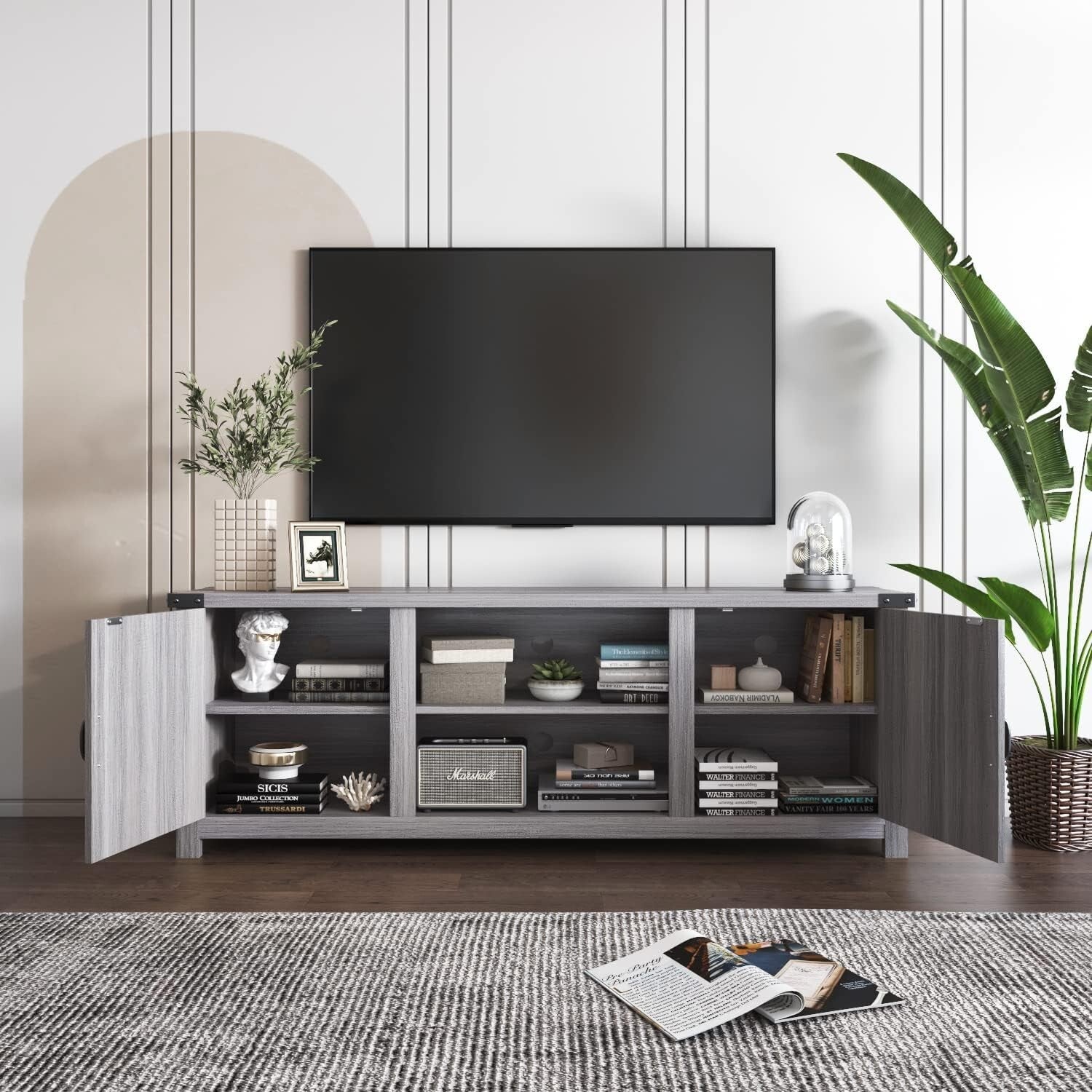 58-Inch Gray Wash Entertainment Center with Adjustable Shelves and Storage