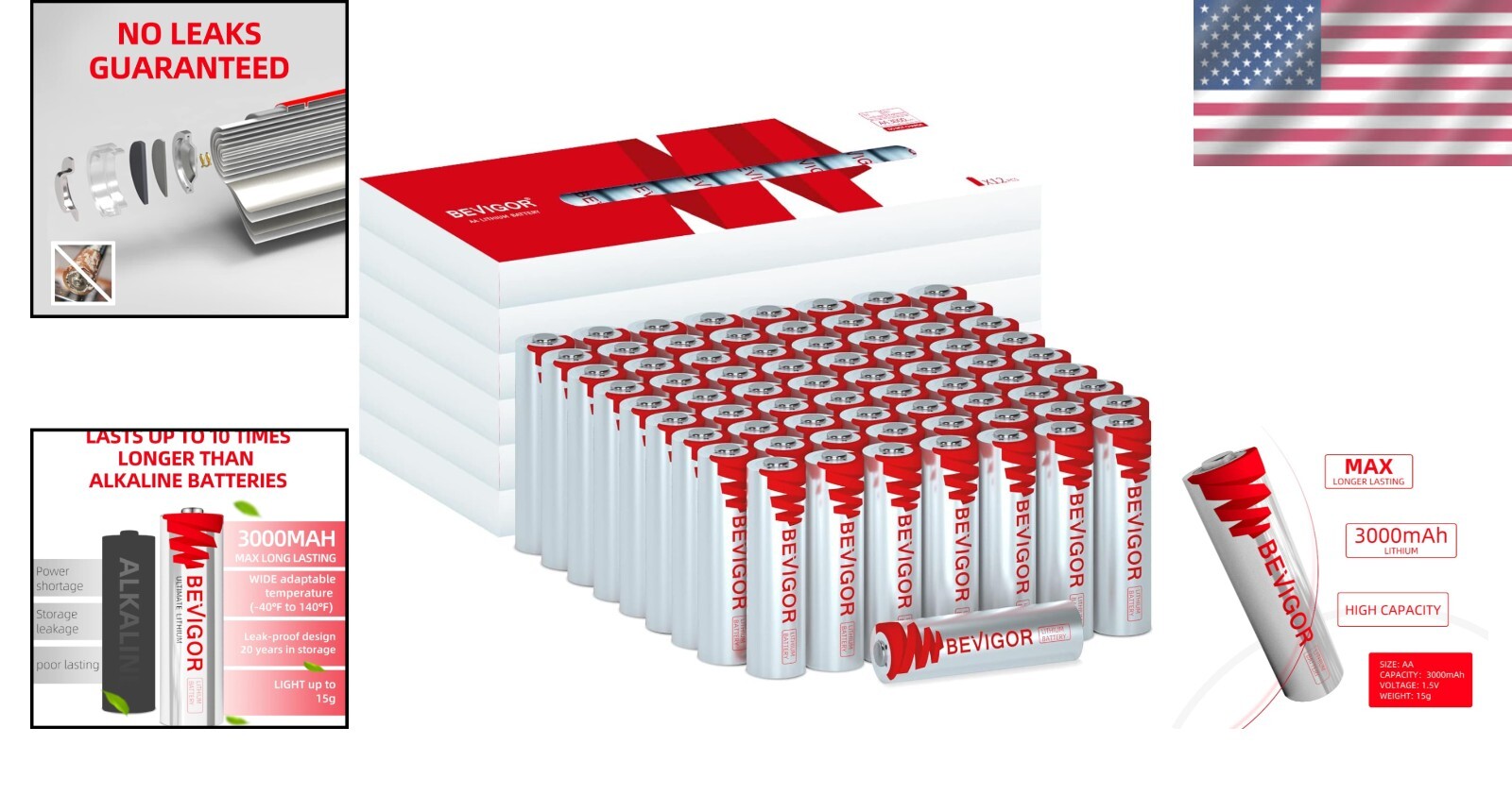 72-Pack Lithium AA Batteries 1.5V 3000mAh - Long-Lasting Power for All Devices