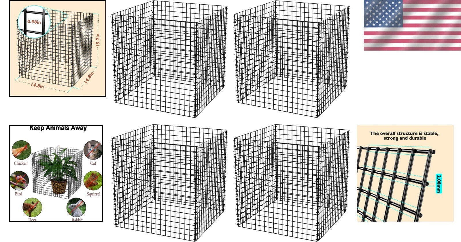 4-Pack Heavy-Duty Wire Plant Protectors - 14.8" Square Animal Cages