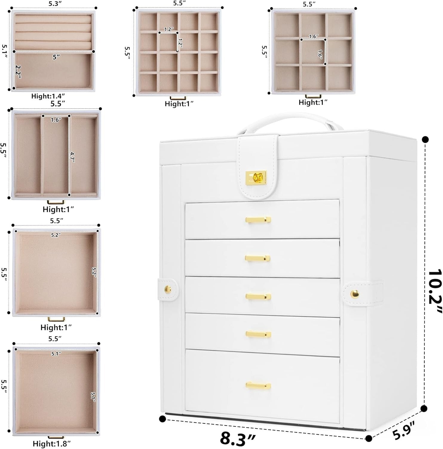 Portable 6-Layer Leather Jewelry Organizer with 5 Drawers and Mirror for Women