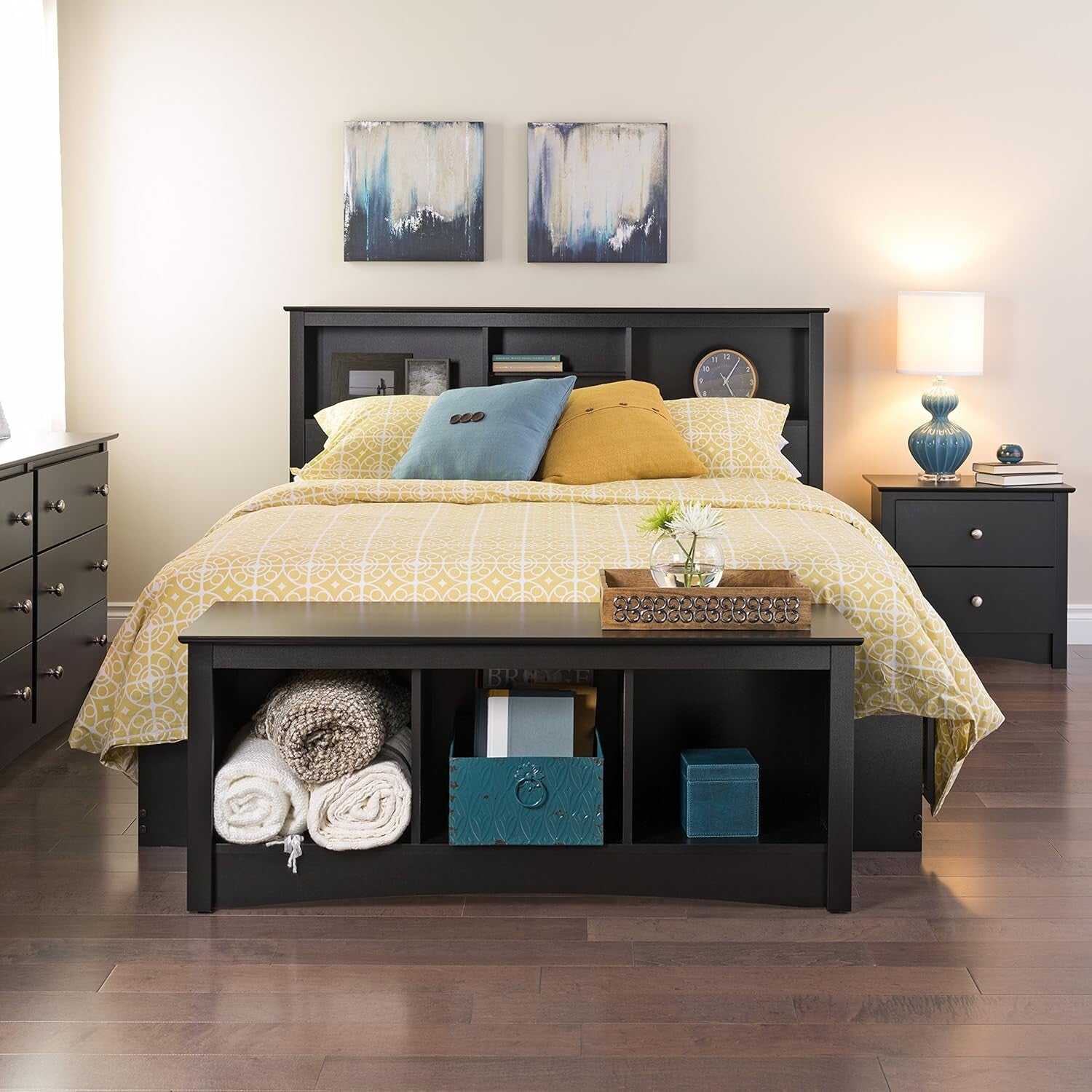 Functional Black Bookcase Headboard for Full/Queen Beds - 3 Storage Compartments