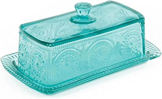 Adeline Teal Glass Butter Dish with Lid - Elegant Vintage Table Decor