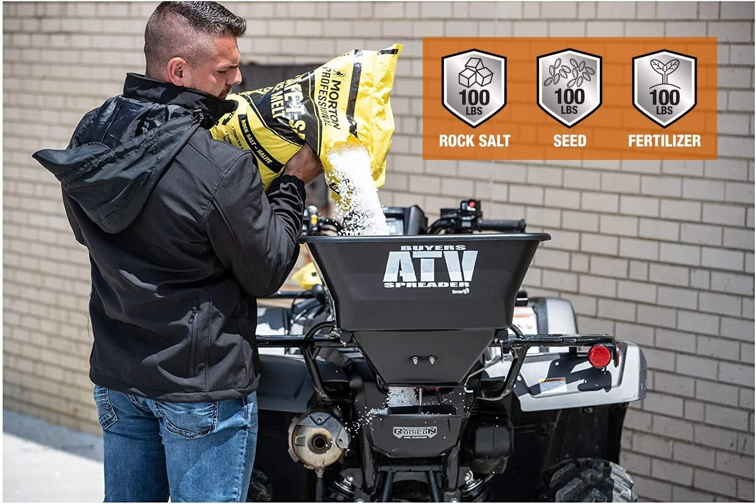 Polyethylene ATV Broadcast Spreader: 100 lbs Capacity with Efficient 12V Motor