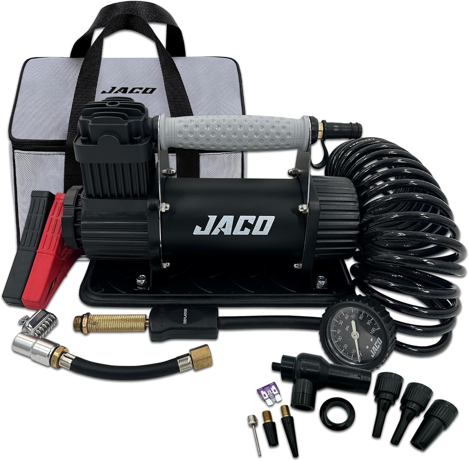 Compact JACO 12V Tire Inflator - 3.5 CFM High Flow with Quick Lock Air Chuck
