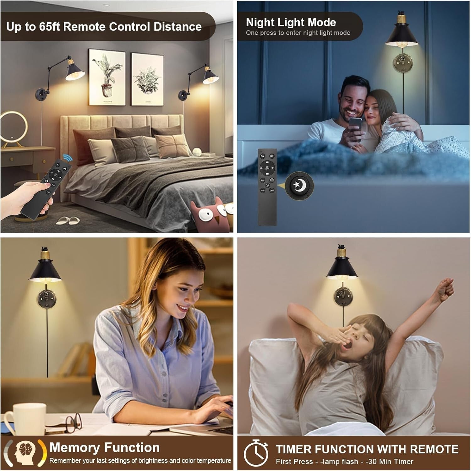 2-Pack Dimmable Wall Sconces with Adjustable Color & Remote - Black Metal Finish