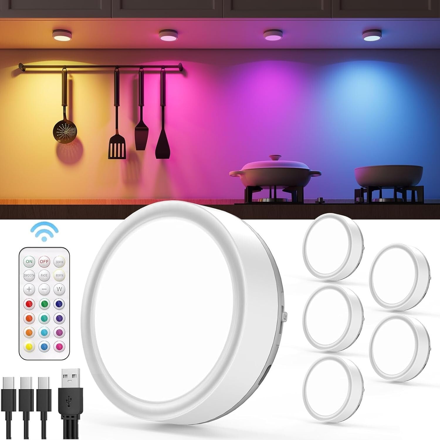 Magnetic RGB Puck Lights with Remote - Easy Touch for Dimmable Illumination