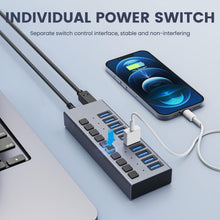 Load image into Gallery viewer, Aluminum 10-Port USB 3.0 Splitter with Surge Protection &amp; 5Gbps Transfer Speed
