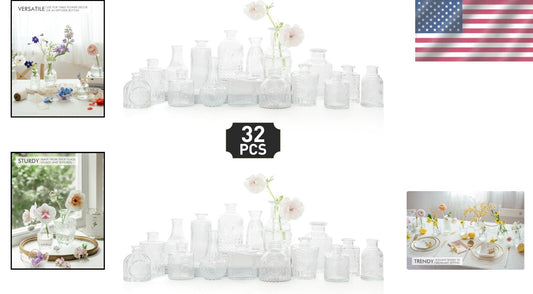 Elegant Clear Glass Bud Vase Set of 32 - Vintage Style for Centerpieces