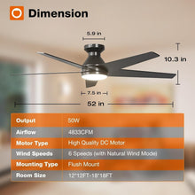 Load image into Gallery viewer, Whisper-Quiet 52-Inch Black Ceiling Fan with Remote and Adjustable Light Feature