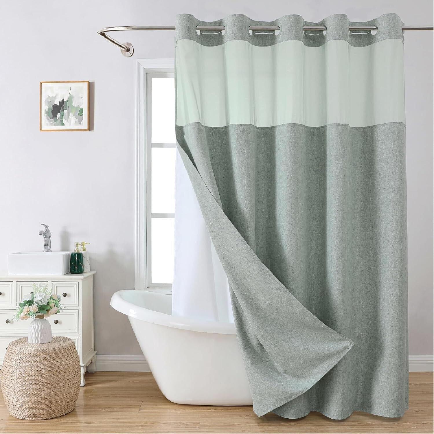Luxurious Sage Green Shower Curtain with Linen Texture & Snap-In Liner 71x80