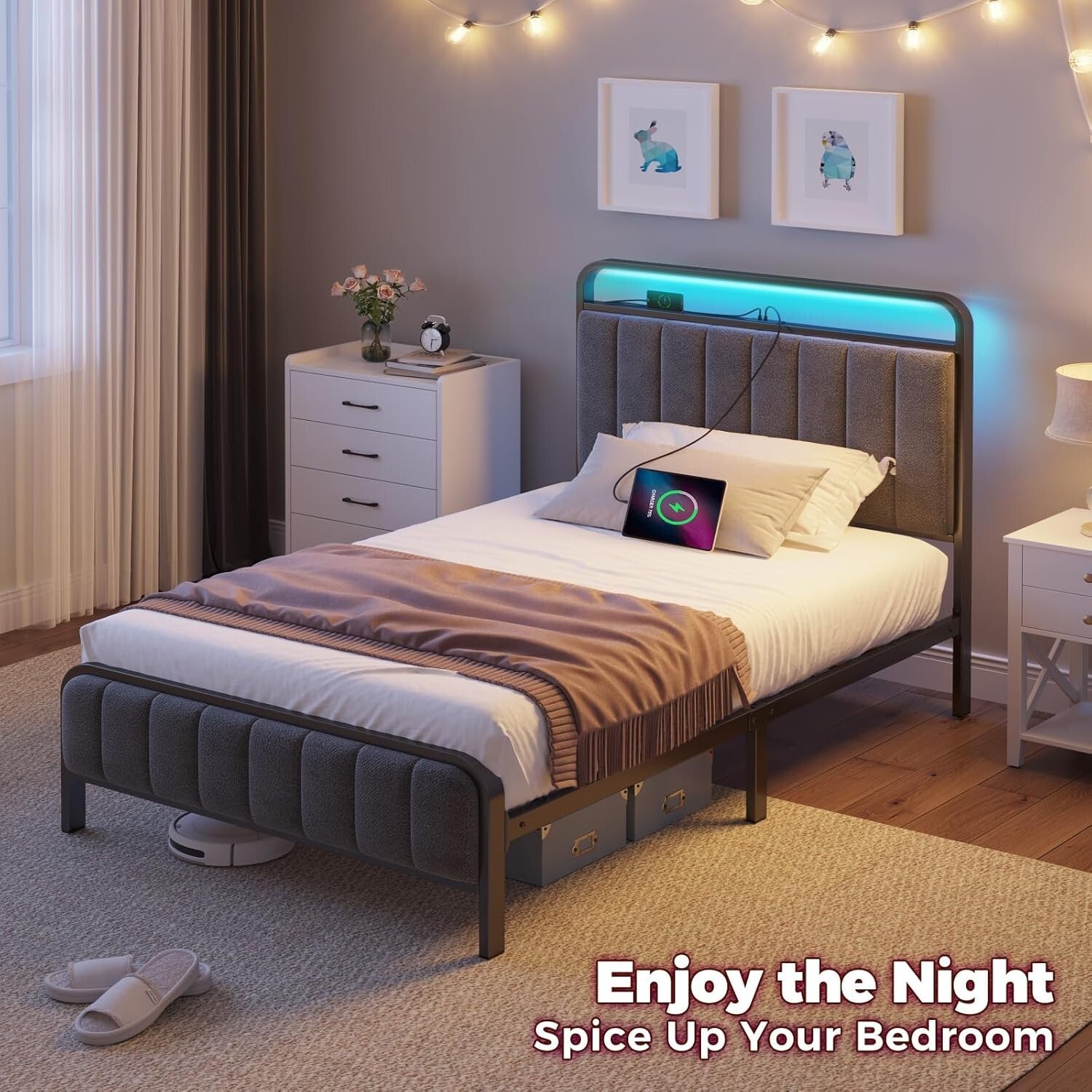 Durable Twin Metal Bed Frame with RGB Lights & Noise-Free Assembly - Dark Gray