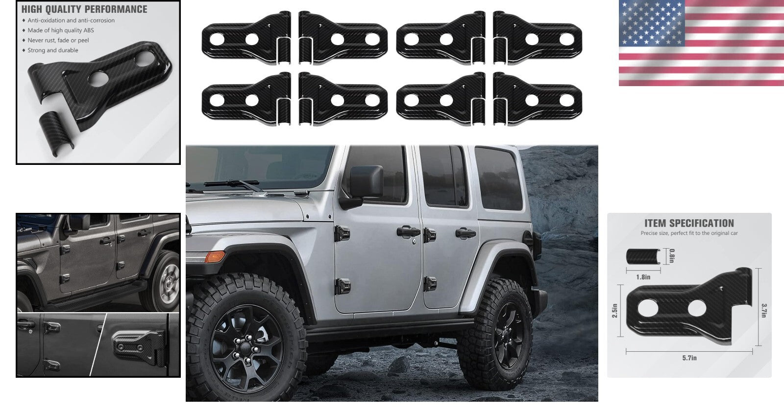 Carbon Fiber Grain Door Hinge Cover Trim for Jeep Wrangler & Gladiator (8-pack)