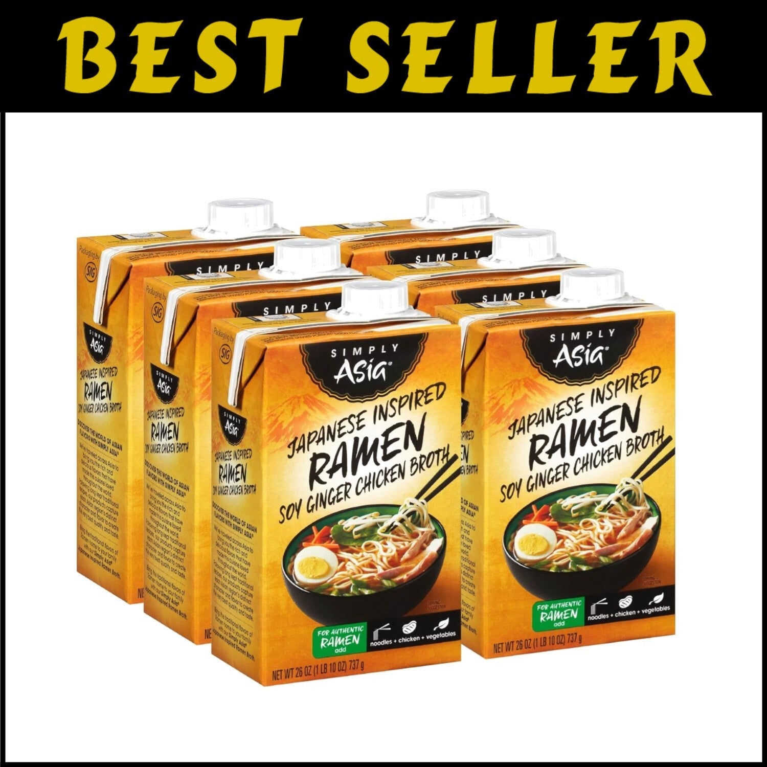 Pack of 6 Gluten-Free Japanese Ramen Soy Ginger Chicken Broth, 26 fl oz